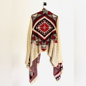 debut Cream and Red Aztec Open-Front Poncho